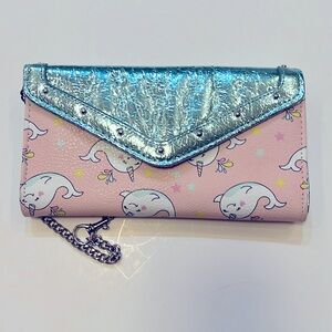 Narwhal Pink and Foil Green Clutch-Purse with Chain and Removable Inside Wallet